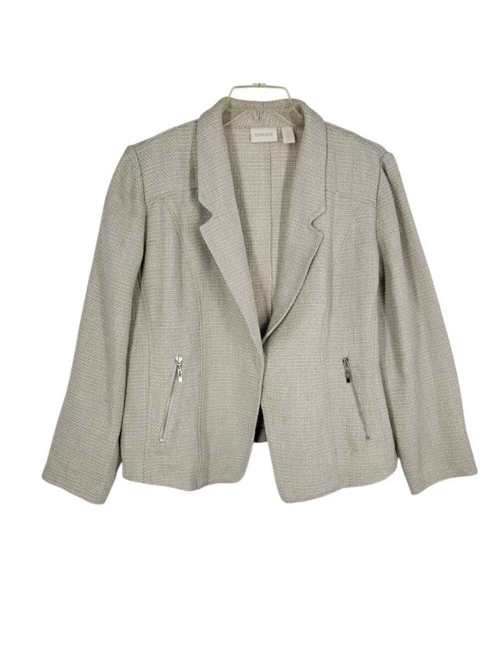 Chico's 3 Blazer Jacket Textured Tweed Zip Pockets Minimalist Quiet Luxury XL